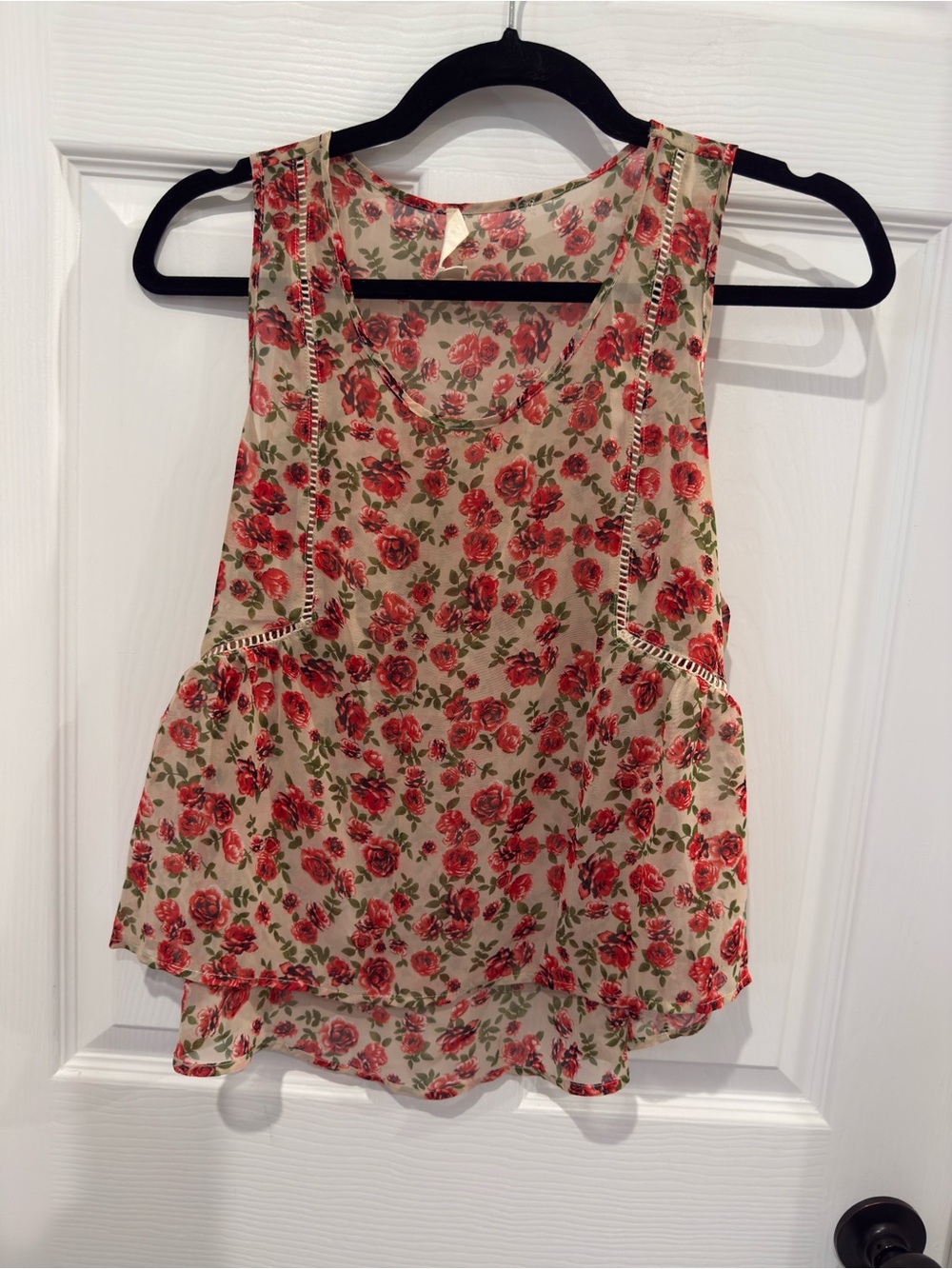 Beige Red Rose Print Sleeveless Cropped Flowy Tank Top Semi Sheer